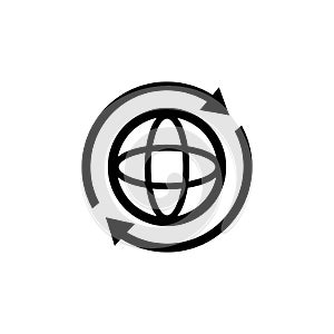 Internet icon. World international earth globe icon. Round globe with 2 sync arrows around icon. Globe symbol silhouette. World