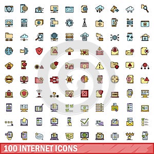 100 internet icons set, color line style