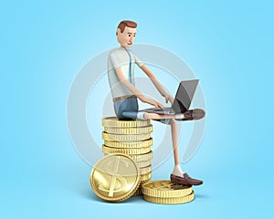 Internet job concept cartoon man sitting on a stack with coins working on a laptop 3d render on blue gradient