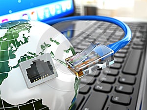 Internet. Laptop, earth and ethernet cable.