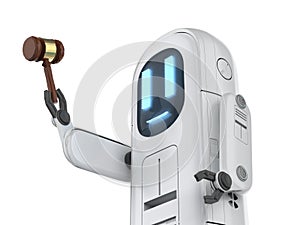 Internet law concept with 3d rendering cute assistant robot hold gavel judge
