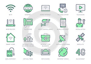 Internet line icons. Vector illustration include icon - satellite dish, provider, wifi, cctv camera, laptop, optical