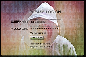 Internet login screen with silhouette of a hacker