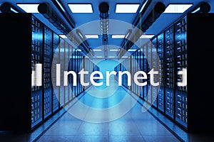 Internet logo in large modern data center with multiple rows of server racks, 3D Illustration