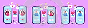 Internet love dating application. Mobile phone with man and woman profiles searching for romantic partner