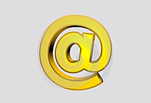 Internet Mail Email Sign. Golden three-dimensional letter on a white background. 3D render illustration