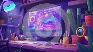 Internet marketing and digital business content technology banner. Computer desktop with wrench, magnifier, graphs