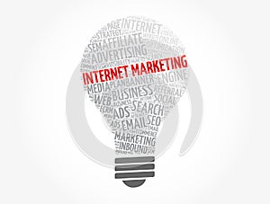 Internet marketing light bulb word cloud, business concept background