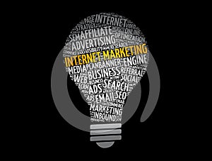 Internet marketing light bulb word cloud, business concept background