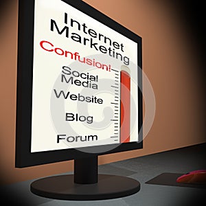 Internet Marketing On Monitor Showing Emarketing Confusion