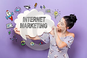 Internet Marketing with woman holding a speech bubble