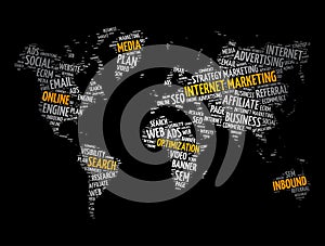 Internet marketing word cloud in shape of world map, business concept background