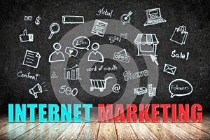 Internet Marketing word on wood floor with doodle icon on blackboard wall,Digital business concept