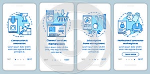Internet marketplaces onboarding mobile app page screen with linear concepts. E commerce, customer services walkthrough