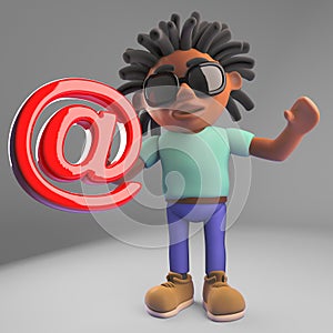 Internet minded black man with dreadlocks holding an email symbol, 3d illustration