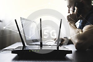 Internet modem connected to the world. 5G WIFI connection