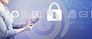 Internet network security concept with woman using a tablet