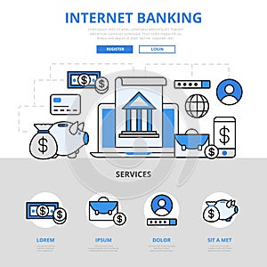Internet online banking concept flat line art vector icons