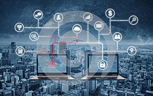 Internet and online network security system. Laptop computer hacking, and stealing data from computer laptop