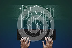 Internet, online network, social networking and online application security system. Hand typing on computer keyboard