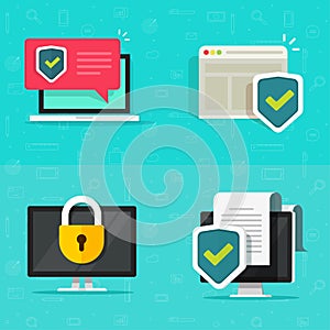 Internet online security digital tech vector icon set with laptop pc computer screen and shield protection sign on