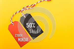 Internet online shopping, Promotion Cyber Monday Sale text on red tag and 50% sale text on black tag