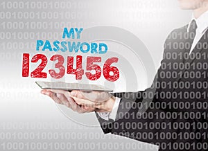 Internet password security concept. Binary code with text. Man holding a tablet computer