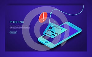 Internet phishing, hacked login and password. Hacking credit card or personal information website. Cyber account attack.
