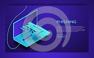 Internet phishing, hacked login and password. Hacking credit card or personal information website. Cyber account attack.