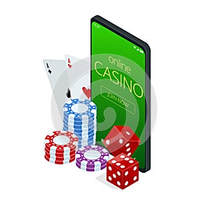 Internet poker game. Poker cards, chips game elements. Isometric Online Casino Gambling Concept.