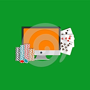 Internet poker illustration. Monitor, cards and poker chips. Online gambling icon.