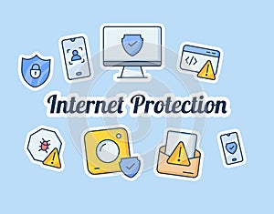 Internet protection concept with some icon sticker spreading with modern flat style