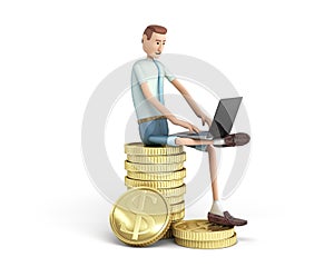 Internet robots concept cartoon man sitting on a stack with coins working on a laptop 3d render on white