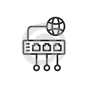 Internet router connection, icon in line design. Internet, router, connection, Wi-Fi, network, signal, data on white photo
