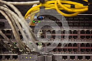 Internet routers and wires in Internet service provider. photo