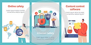 Internet Safety Cartoon Banners. Computer Security, Privacy, Data Protection, Virtual Private Network Concept for Poster