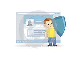 Internet Safety for Children. A boy with a shield on the background of a browser window with profile in social networks