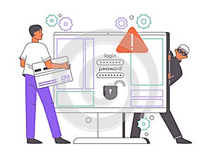 Internet scam phishing, cyber hacker attack. Computer security, personal data or password protection flat vector illustration set