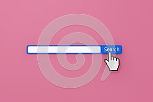 Internet Search Bar Icon with Pixel Hand. 3d Rendering