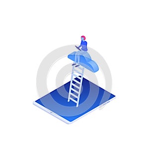 Internet search in cloud storage isometric concept. Connecting to online data warehouse search cloud gateways.
