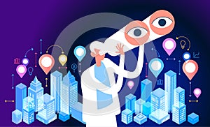 Internet search concept. The process of discovery and research in the network. Man with binoculars on the background of the urban