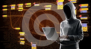 Internet security concept with hacker at digital map with node tree and binary code background