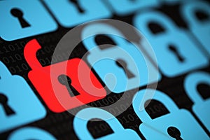 Internet security concetto aprire il lucchetto rosso virus o non garantiti, con la minaccia di hacking.