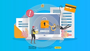internet security concept with people character. password phishing attack. stealing personal information data web landing page,