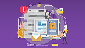 internet security concept with people character. password phishing attack. stealing personal information data web landing page,