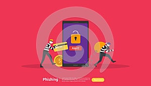 internet security concept with tiny people character. password phishing attack. stealing personal data. web landing page, banner,