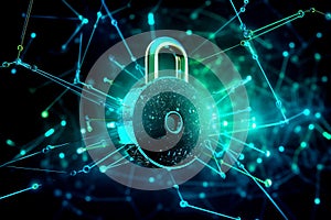 Internet security and data prevention. Security padlock lock on black background. Data access defense. Technology security concept