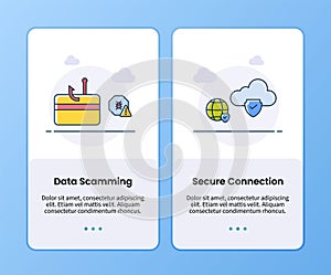 Internet security data scamming and secure connection onboarding template for mobile ui app design