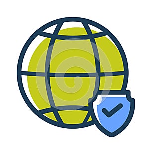 Internet security globe with shield single isolated icon with dash or dashed line style