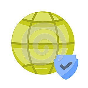 Internet security globe with shield single isolated icon with flat style